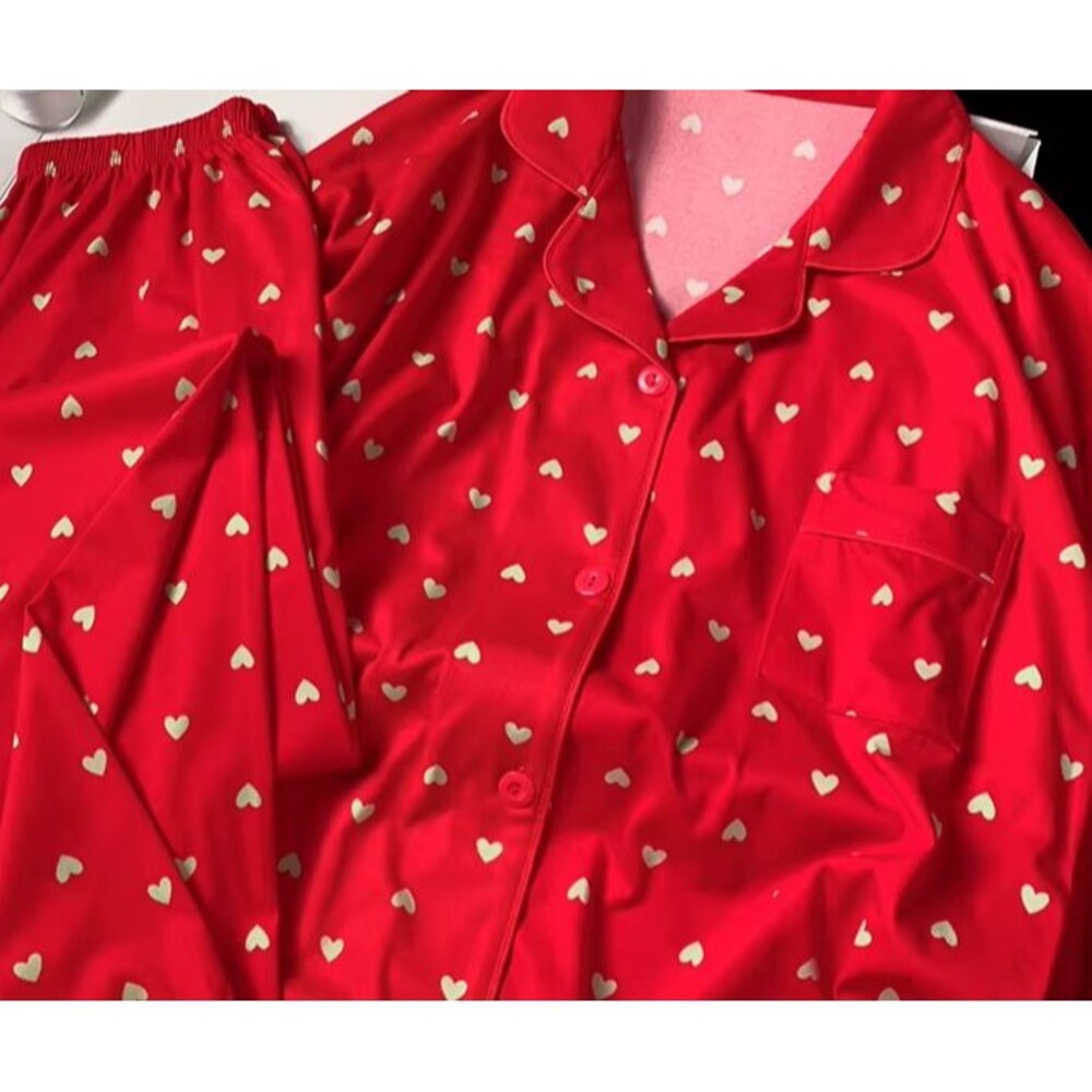 Womens M Red Printed Pajama Set Button Up Long Sleeve Shirt Pants 2 Piece Casual